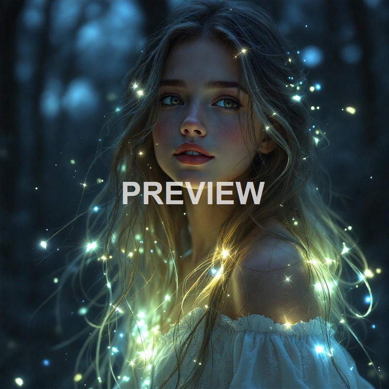 A young woman with long, wavy hair and striking blue eyes gazes softly at the camera, surrounded by glowing lights that appear to be floating around her in a dark, misty forest background.